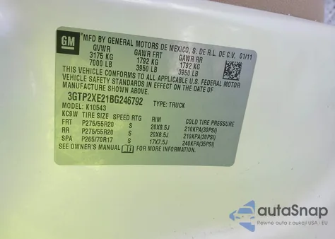 2011 GMC Sierra 1500 Denali z USA, uszkodzony, nr VIN 3GTP2XE21BG246792